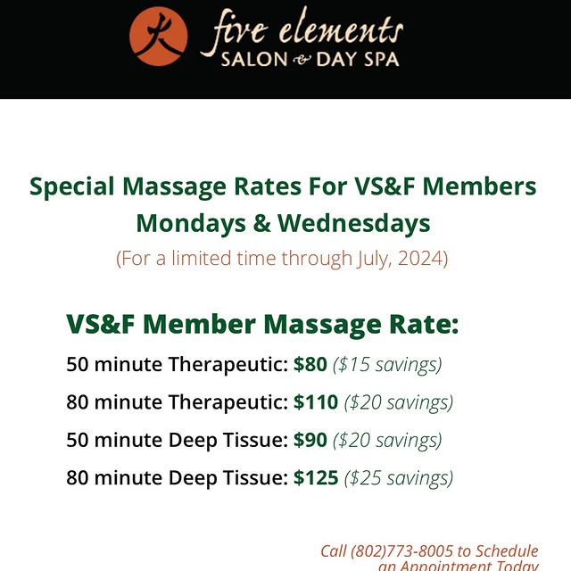 VS&F members get a special massage rate at Five Elements Salon & Day Spa, Mondays and W…