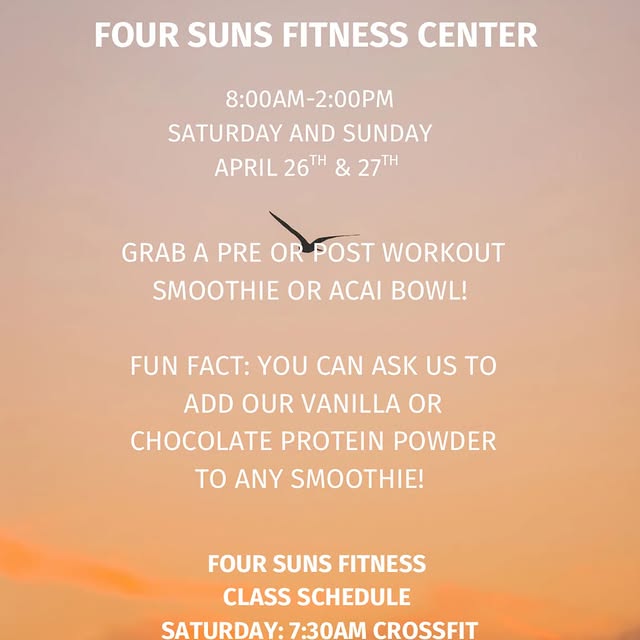 Aloha!! 🍍🥥🍓

This weekend find us @foursunsfit Saturday and Sunday from 8am -2pm! 

…