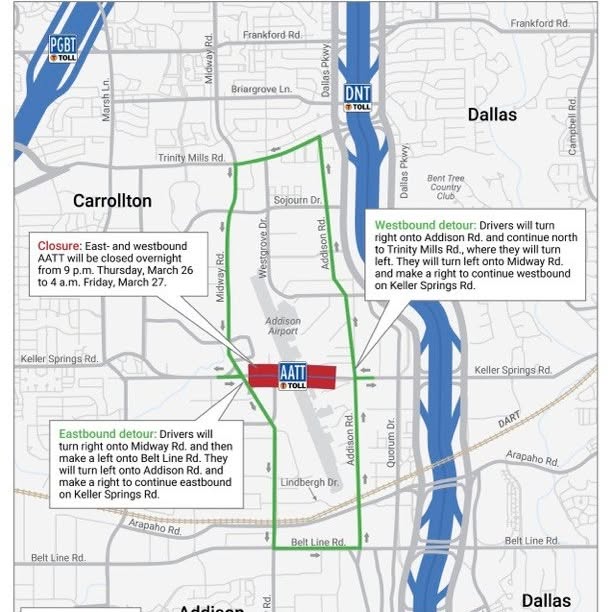 Heads up, late-night drivers 🌙🚧

The Addison Airport Toll Tunnel will be closed overn…