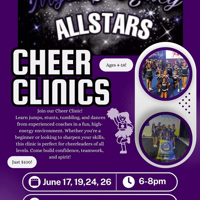 Join our Session 2 Cheer Clinic! 💜🖤🤍

Learn jumps, stunts, tumbling, and dances from…