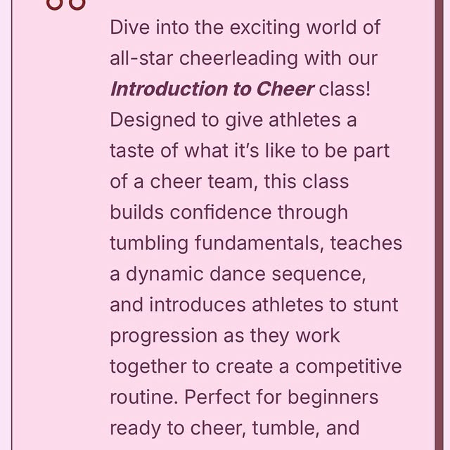 Ready to jump, tumble, and cheer your heart out? 📣✨
Our Intro to Cheer classes are per…
