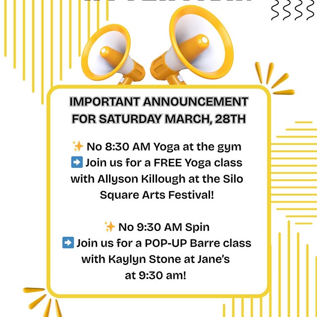 🚨 Schedule Update for Saturday, March 28th 🚨

✨ No 8:30 AM Yoga at the gym
➡️ Join us…