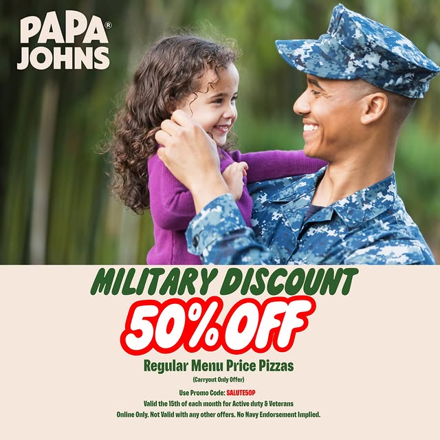Papa John’s Proudly Supports Our Troops! 🇺🇸

✅ Get 30% off regular menu price orders …