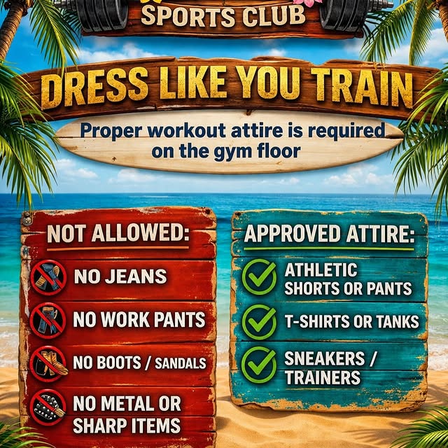 You can wear anything on the beach…
but to the Sports club, it’s gym attire only.

No j…