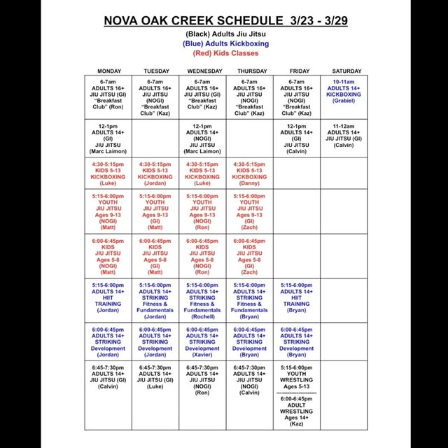 Schedules for 3/23 - 3/29

Kids Jiu Jitsu promotions Tuesday
Kids kickboxing promotions…