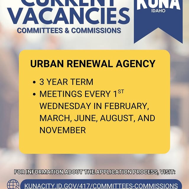 The Kuna Urban Renewal Agency has an open seat. 
📌Commitment: 3-year term
📌Meeting Sc…