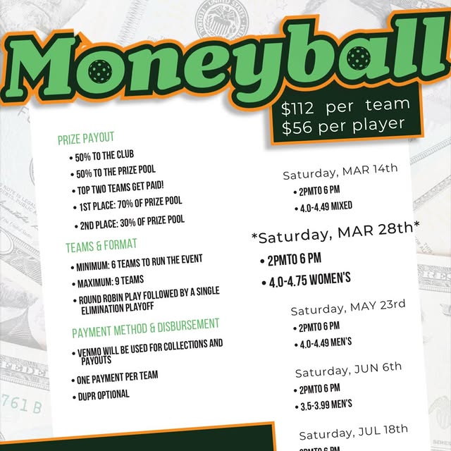 Our Women’s 4.0-4.75 Money Ball event is almost here and will take place on March 28th!…
