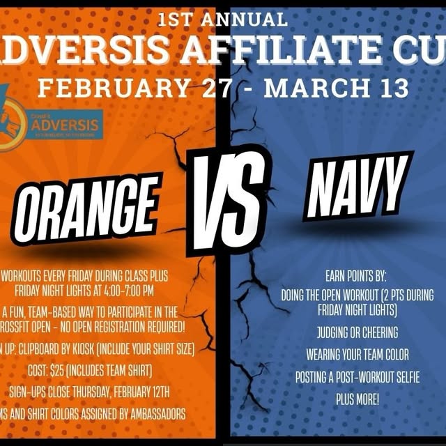 🔥 1st Annual Adversis Affiliate Cup 🔥

📅 February 27 – March 13
🏋️ Open workouts ev…