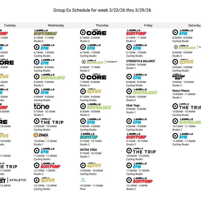 NEW GROUP EX Schedule for the week of Monday, 3/23/26 thru 3/29/26!  ALL classes are in…