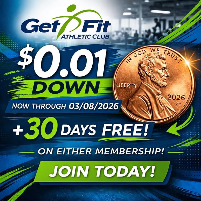 🚨 LIMITED TIME DEAL 🚨

Join Get Fit Athletic Club for just 1¢ Down + 30 Days FREE!

✔…