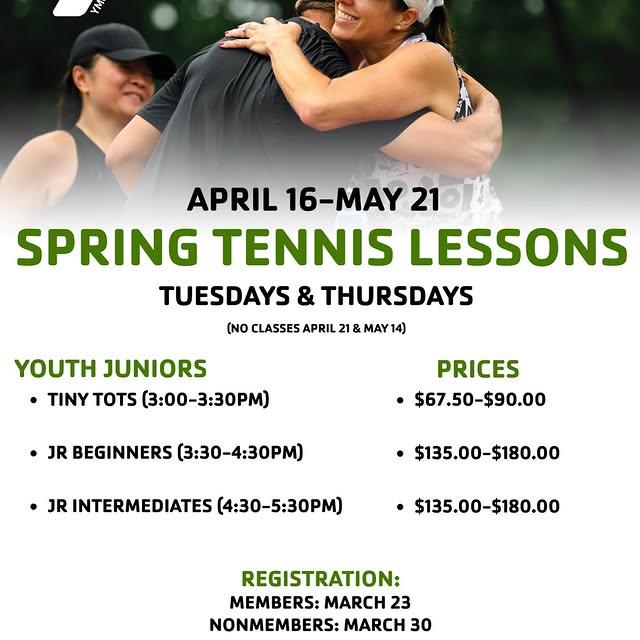 Tennis lesson registration is officially OPEN for members! Don’t miss your chance to hi…