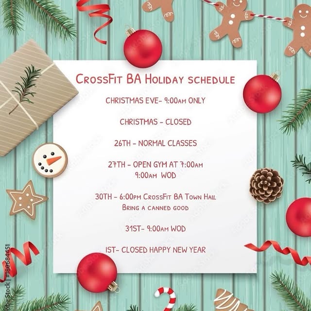 🎄 CrossFit BA Holiday Schedule 🎄
The holidays are here, and we’re keeping you moving …