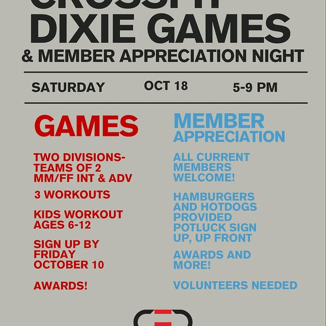 Mark your calendars! Join us for the CrossFit Dixie Games & Member Appreciation Night o…