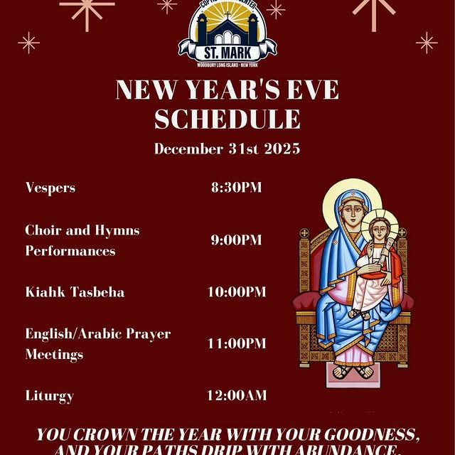 Dear all,
+ New Year’s liturgy will start at midnight with Vespers, followed by Sunday …