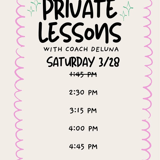 Private lesson openings this Saturday with Coach DeLuna

Spots available at:
1:45 PM- B…