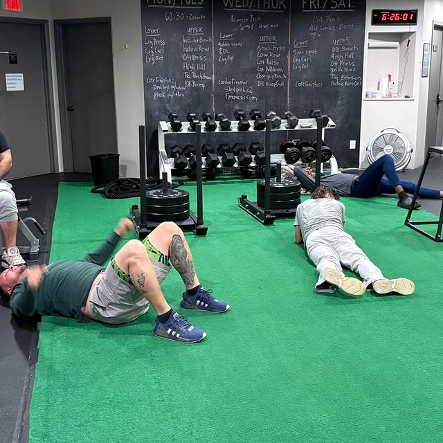 Post workout photo from 5:45 class. Quote of week. “Train insane or remain the same” Fi…