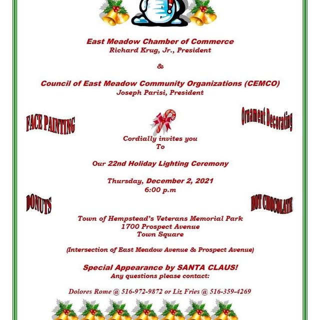 East Meadow Chamber of Commerce and CEMCO Holiday Lighting this Thursday, Dec 2nd at 6p…