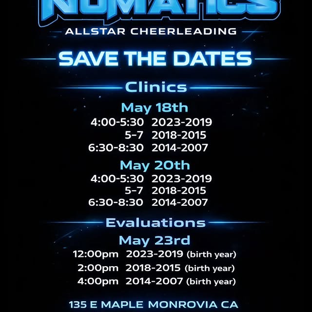 SAVE THE DATES! 2026-2027 SEASON 9 Team packets and pricing comes out April 20th.
SHARE…