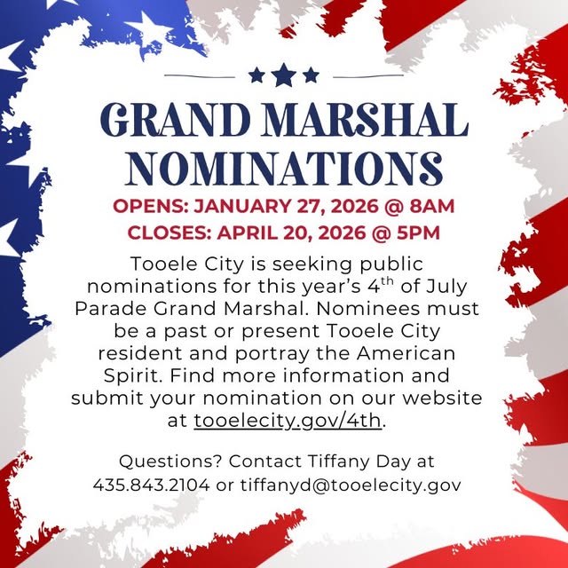 Tooele City is seeking public nominations for this year’s 4th of July Parade Grand Mars…