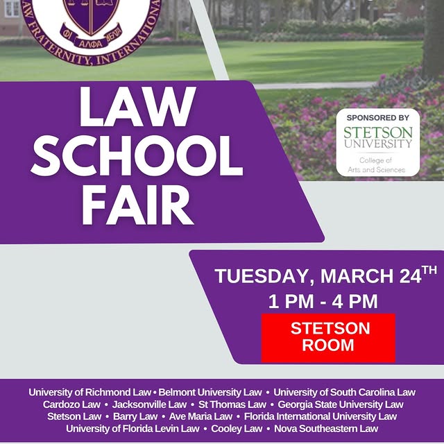 Due to expected rain, the Law School Fair will be moved to the Stetson Room 🌧️➡️🏛️

D…
