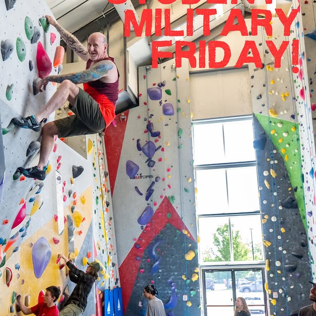 Discounted Day Pass!! It's Student and Military Friday! 

Come on in and climb for $16 …