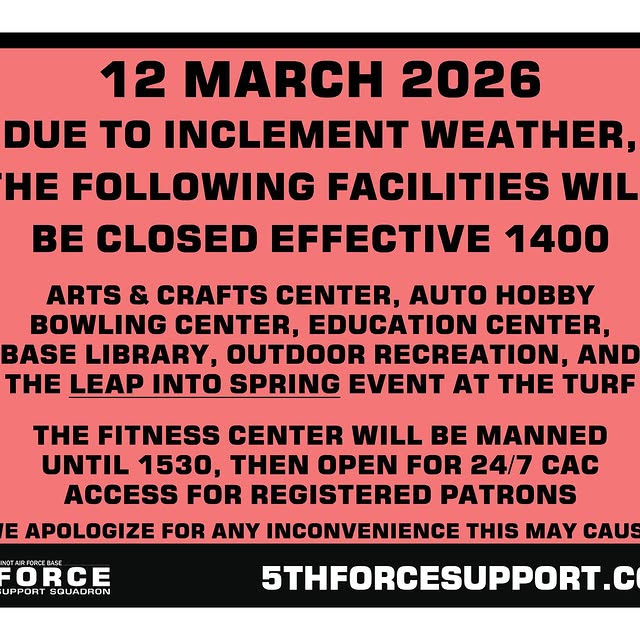 Stay safe, Team Minot! We will be closing early due to inclement weather. 

The followi…