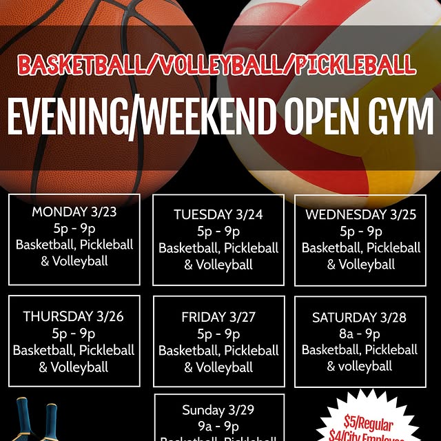 ‼Evening open gym times for this week (3/23 - 3/29) ‼ *Subject to Change*

For more inf…