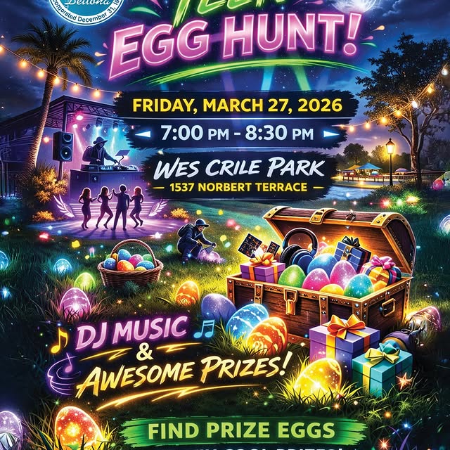 🌙🥚 TONIGHT 🥚🌙

Deltona’s FIRST Teen Egg Hunt is here!

🕖 7–8:30 PM
📍 Wes Crile Pa…