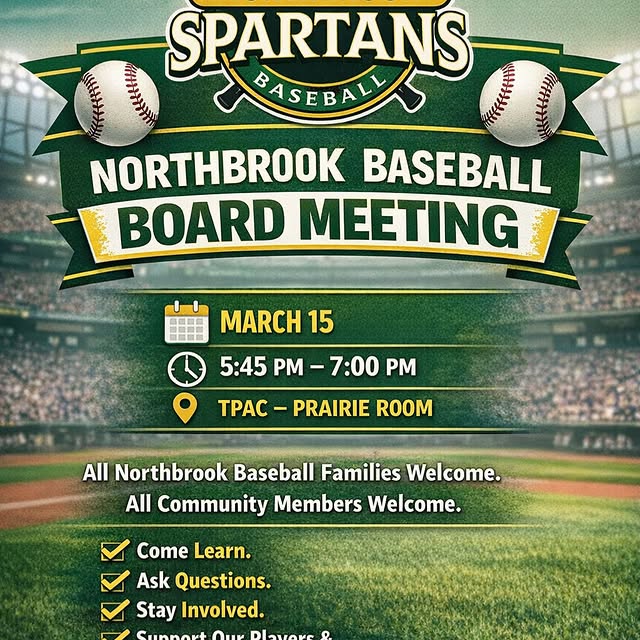⚾️ NORTHBROOK BASEBALL BOARD MEETING ⚾️

📅 March 15
⏰ 5:45 PM – 7:00 PM
📍 TPAC – Prai…
