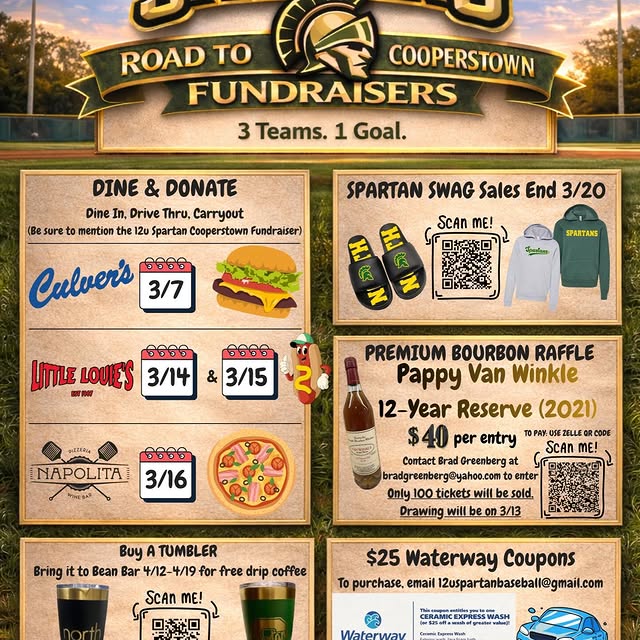 Come out and support our 12U Spartans and their fundraising efforts for Cooperstown!

⭐…