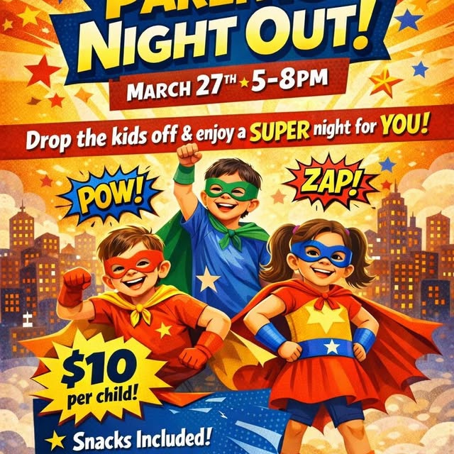 Only ONE spot left for this week’s Parents Night Out! 

Enjoy a well-deserved night to …