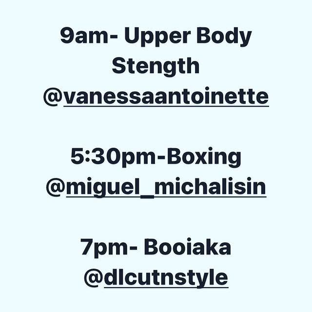 Tuesday Group Fitness Lineup:

🔸9am- Upper Body Strength 
@vanessaantoinette 

🔸5:30p…