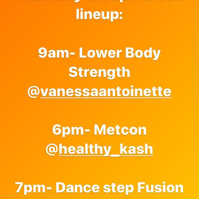 Thursday Group Fitness Lineup

🔸9am- lower body strength 
@vanessaantoinette 

🔸6pm- …