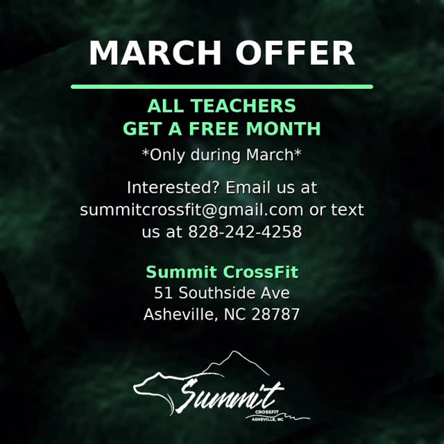 Our March offer is for TEACHERS!
All teachers get a free month at Summit CrossFit. This…