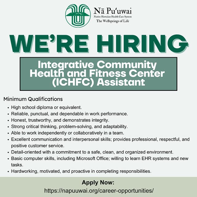 We’re Hiring! ⁠
⁠
Nā Puʻuwai is seeking an Integrative Community Health and Fitness Cen…