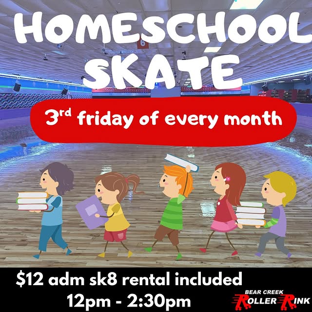 Our monthly Homeschool Skate is tomorrow! Enjoy free skate rental with your admission 🎟️
