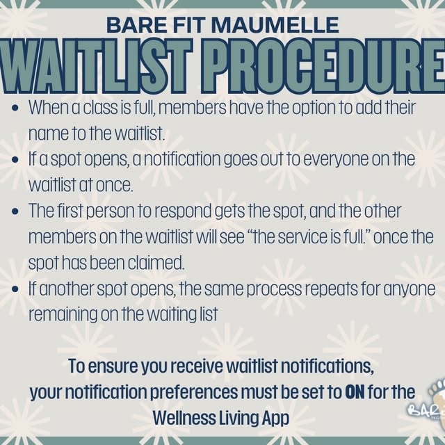 ⭐️ Waitlist Procedure Info ⬇️⬇️⬇️

When you see that a group class you want to attend i…