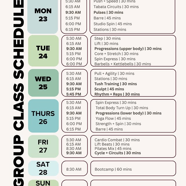 ⭐️ March 23-29 : Group Class Schedule ⭐️ 

• Childcare at classes in bold (all 9:30 AM …
