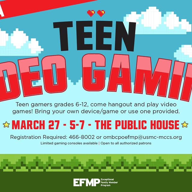 Join EFMP at the Public House for Teen Video Gaming! Event is open to authorized patron…