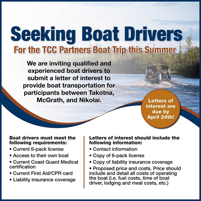 𝗦𝗲𝗲𝗸𝗶𝗻𝗴 𝗕𝗼𝗮𝘁 𝗗𝗿𝗶𝘃𝗲𝗿𝘀

#TananaChiefs is planning a Partners Boat Trip …