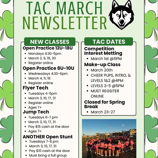 TAC March Newsletter 🍀
A busy month ahead for the Pack! Be sure to check out new class…