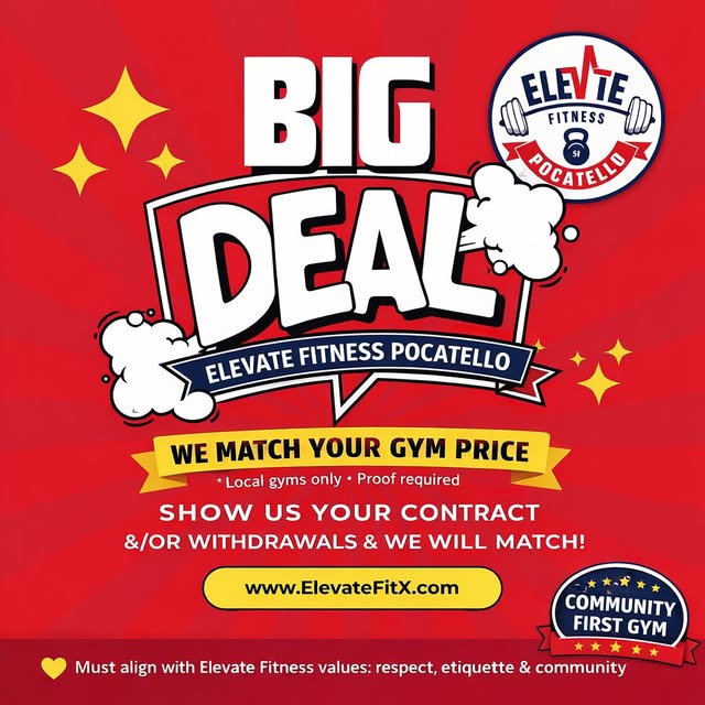 💥 BIG DEAL at ELEVATE•Fitness•Pocatello💥
Found a better gym price? We’ll match it.

✅…