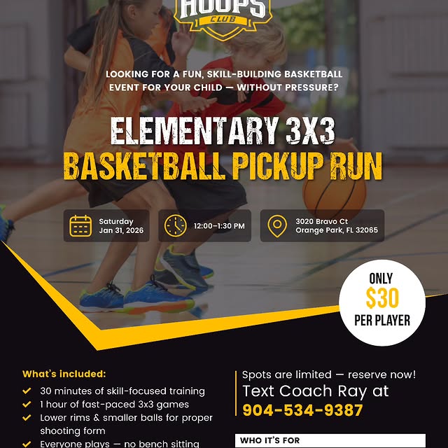 🏀 Elementary 3x3 Pickup Run
📅 Saturday | Jan 31, 2026
⏰ 12:00–1:30 PM
📍 Orange Park …