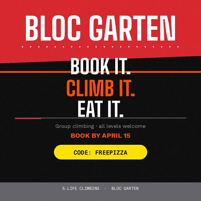 Book your group event at Bloc Garten by April 15 and your crew gets FREE pizza. Just us…