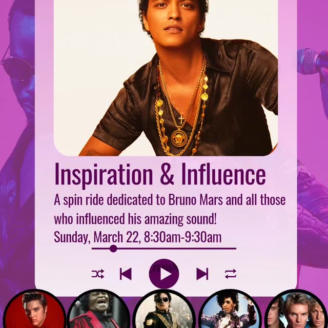 Come take a themed spin ride at 8:30am to the sounds of Bruno Mars and the amazing arti…