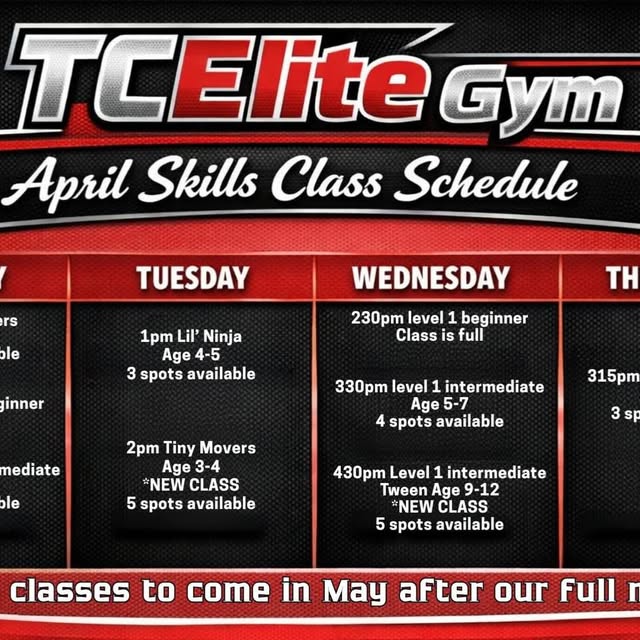 April skills class schedule!
Note added classes:tiny tumblers Tuesday afternoon & tween…