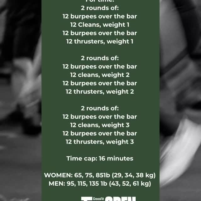 Are you ready for 26.3?

For time:
2 rounds of:
12 burpees over the bar
12 Cleans, weig…