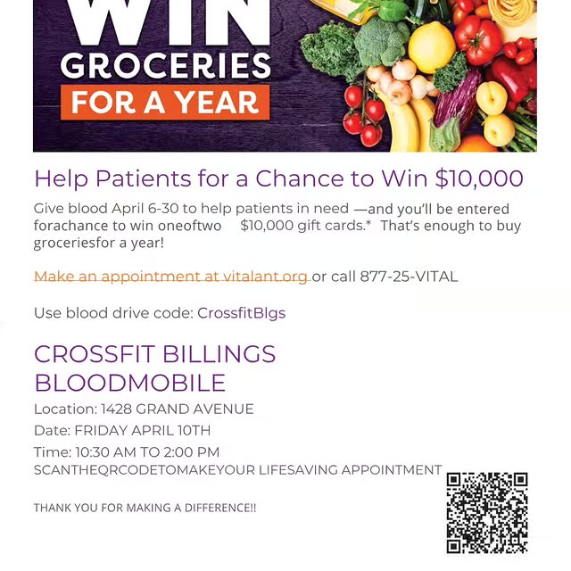 🩸The blood drive is back!! Vitalant is coming to CrossFit Billings! 

📍CrossFit Billi…
