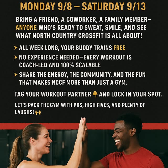 Buddy Week @northcountrycf 
Monday 9/8 to Saturday 9/13
“Buddies” train for FREE all we…