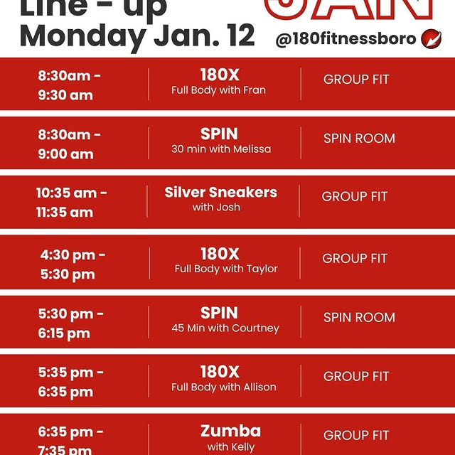 JAN 12 - JAN 18 GroupFit line up!! Book your spot in class through our app ❗️❗️